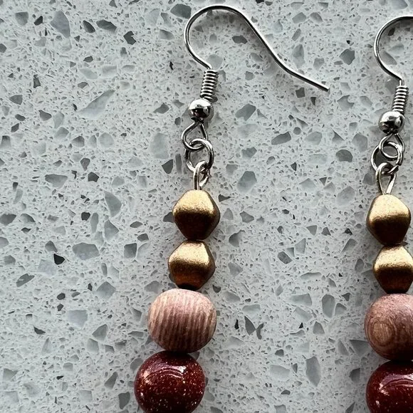 Handmade Brown and Gold Dangling Earrings - Picture 5 of 5